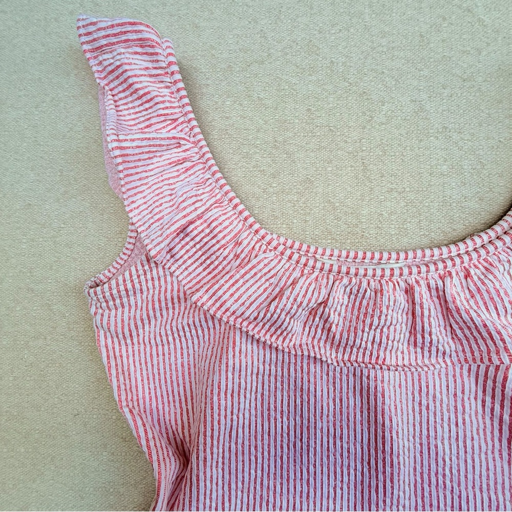 Boden Pink Red White Ruffled Off Shoulder Ribbed Top Blouse Seersucker Stripe 6 - Picture 6 of 9